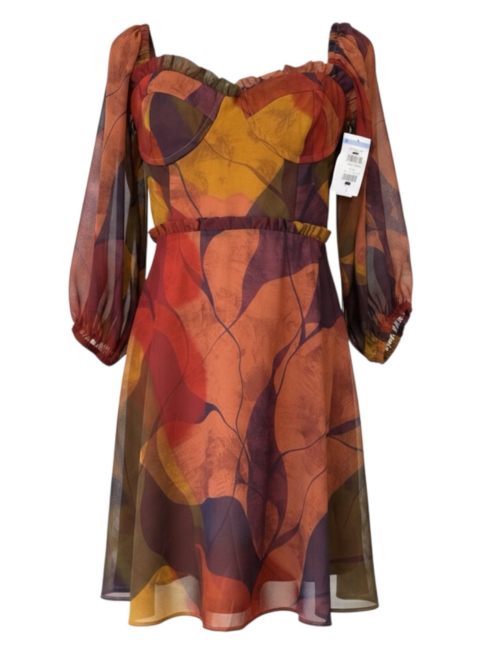 Hutch Floral Chiffon Long Sleeve Knee Length DressSZ:Multi Orange/Brown NWT